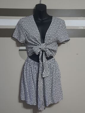 Streetwear Society Black and White Polka Dot Tie-Front Jumpsuit Romper